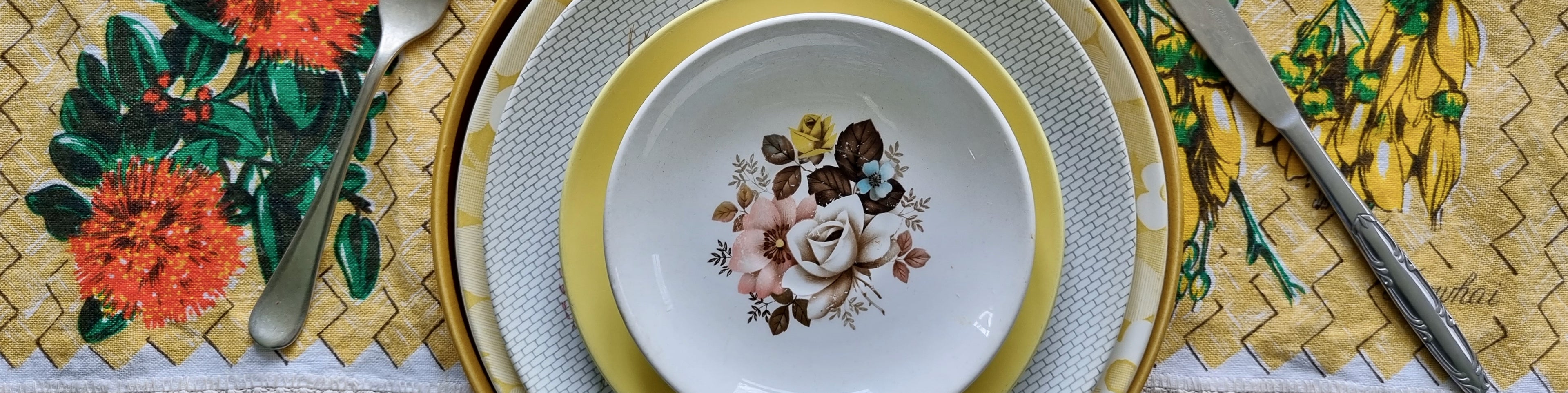 Banner image of vintage plates, cutlery and serving-ware for Kitchen and Dining collection - Nanna Bangles