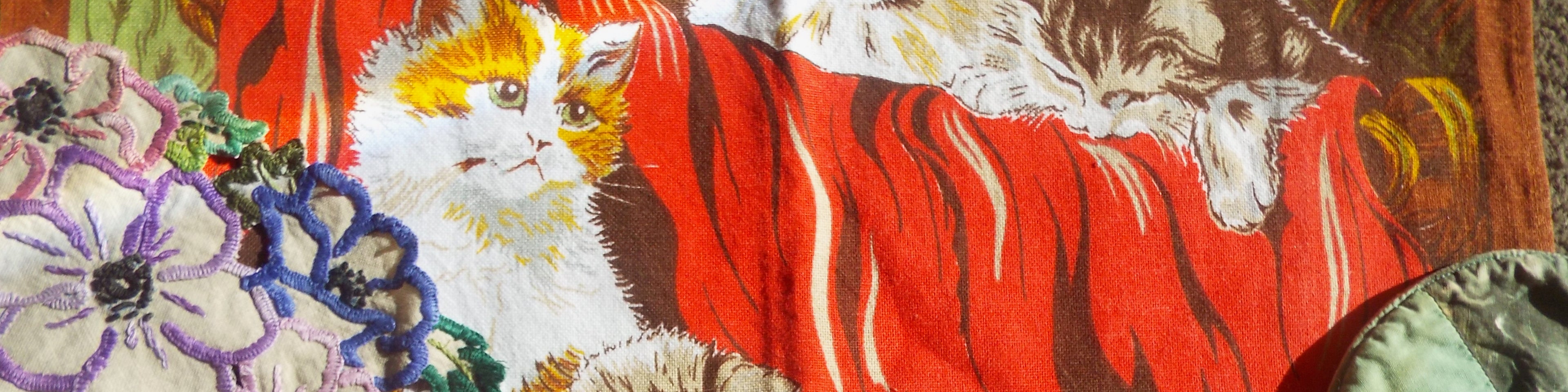 Banner image containing various fabrics laid out, with flower and cat designs. Sold by Nanna Bangles, New Zealand.