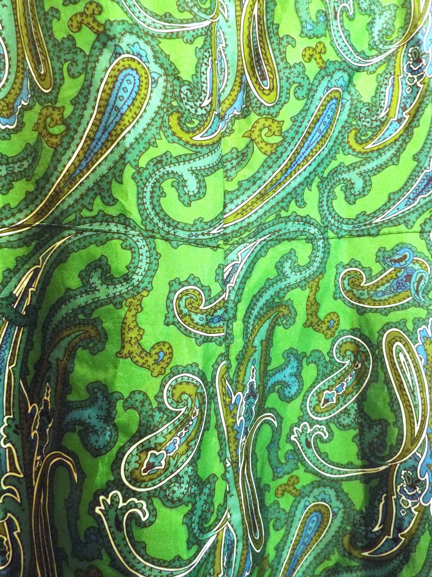 Vintage Handmade Paisley Dress (S-M) in a green and black paisley print, against patterned fabric with blue and purple roses.