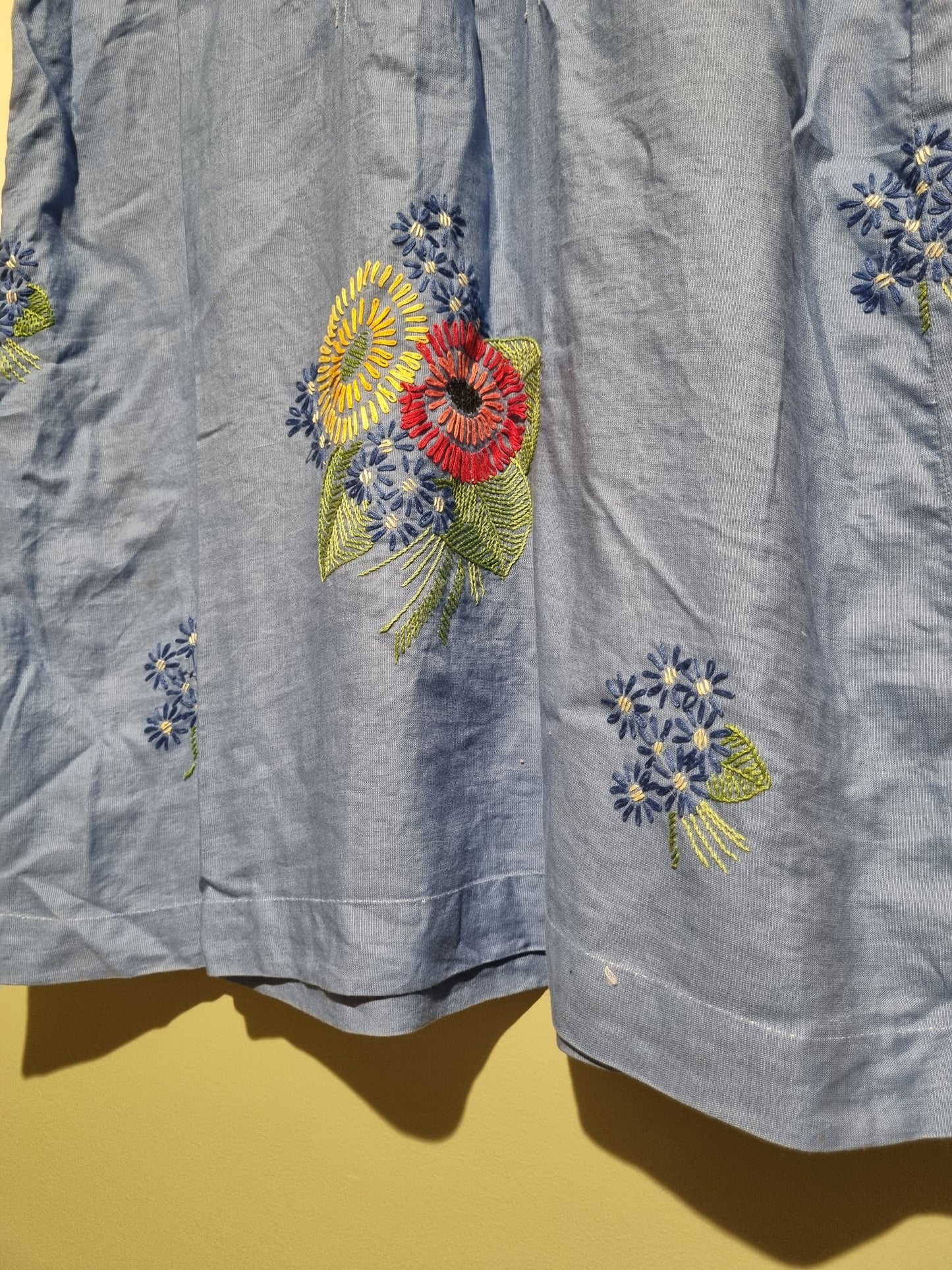 True 1930s Dress - Cornflower Blue With Floral Embroidery (M)