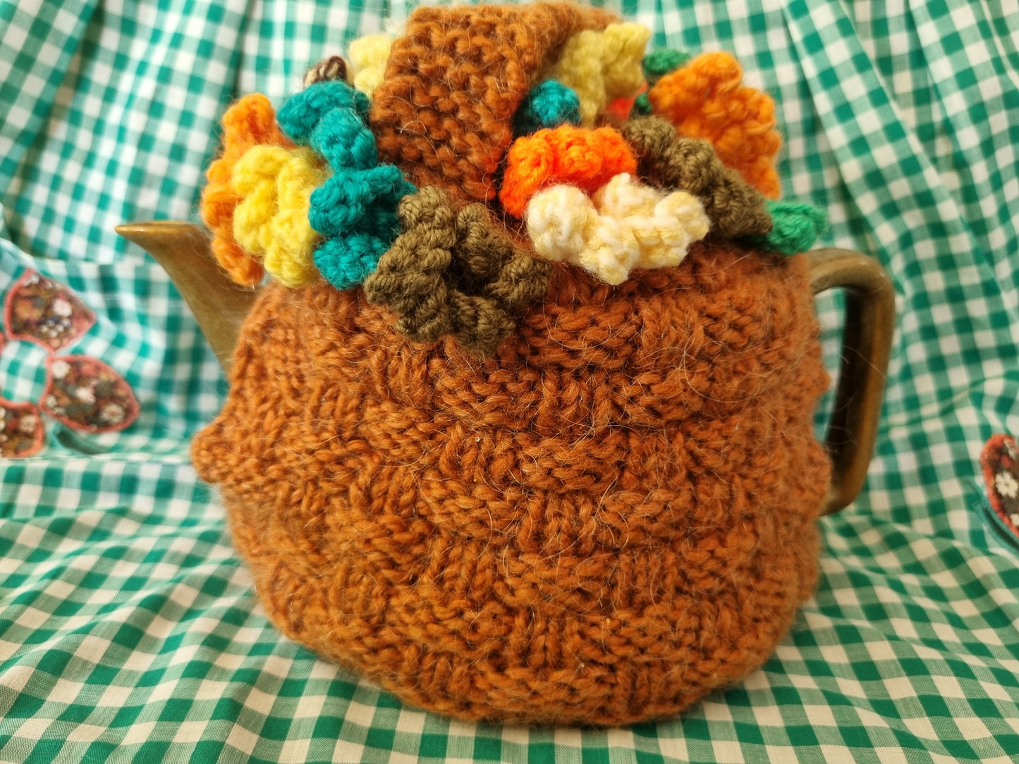 Handknit Tea Cosy With Flowers - Regular Size
