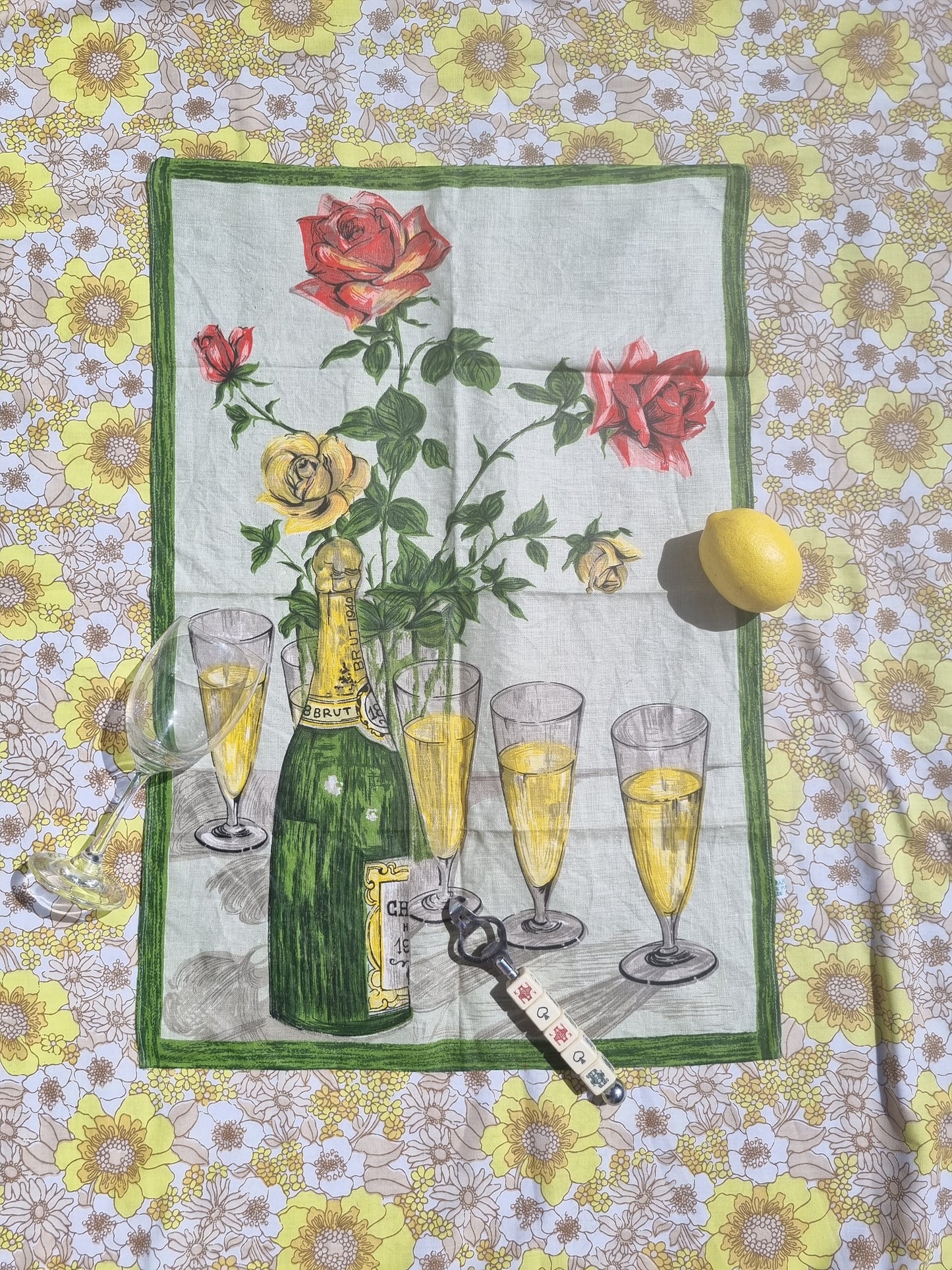 Vintage Linen Tea Towel - Champagne and Roses