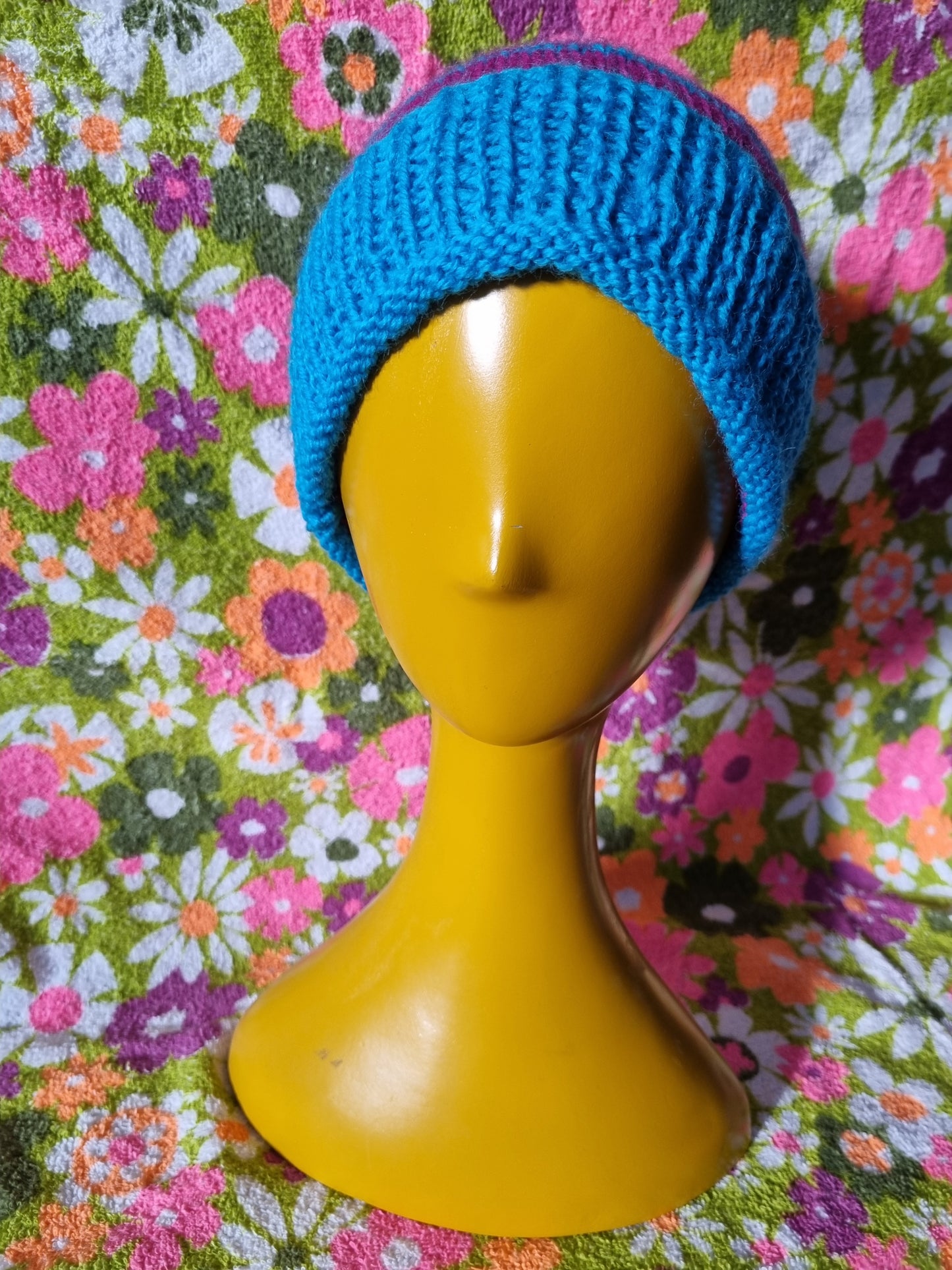 Handknit Beanie With Pom-Pom - Aqua Blue and Magenta (S-M)