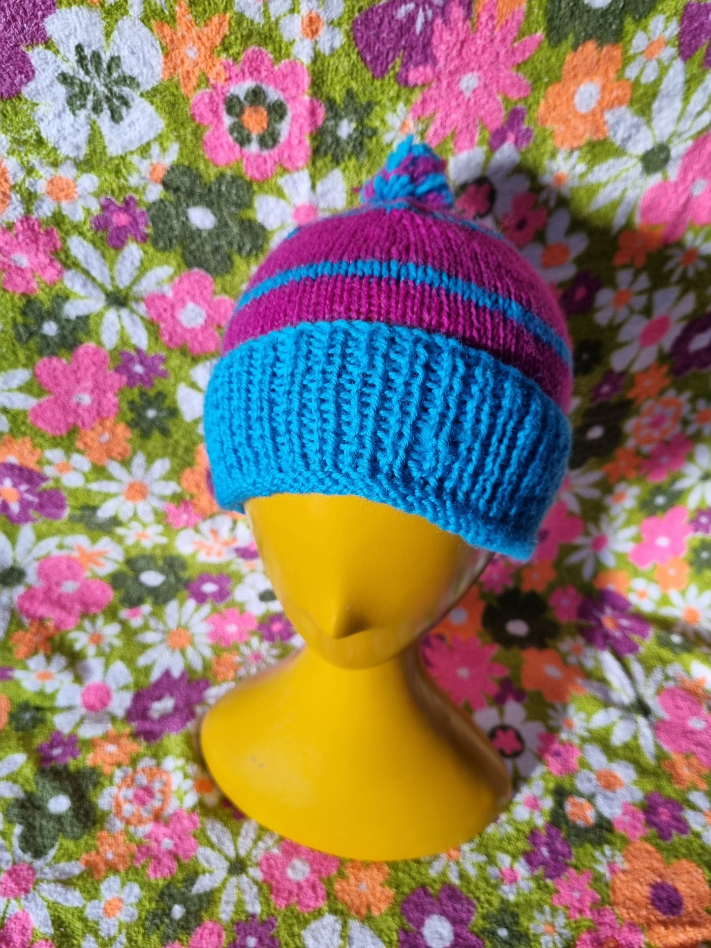 Handknit Beanie With Pom-Pom - Aqua Blue and Magenta (S-M)