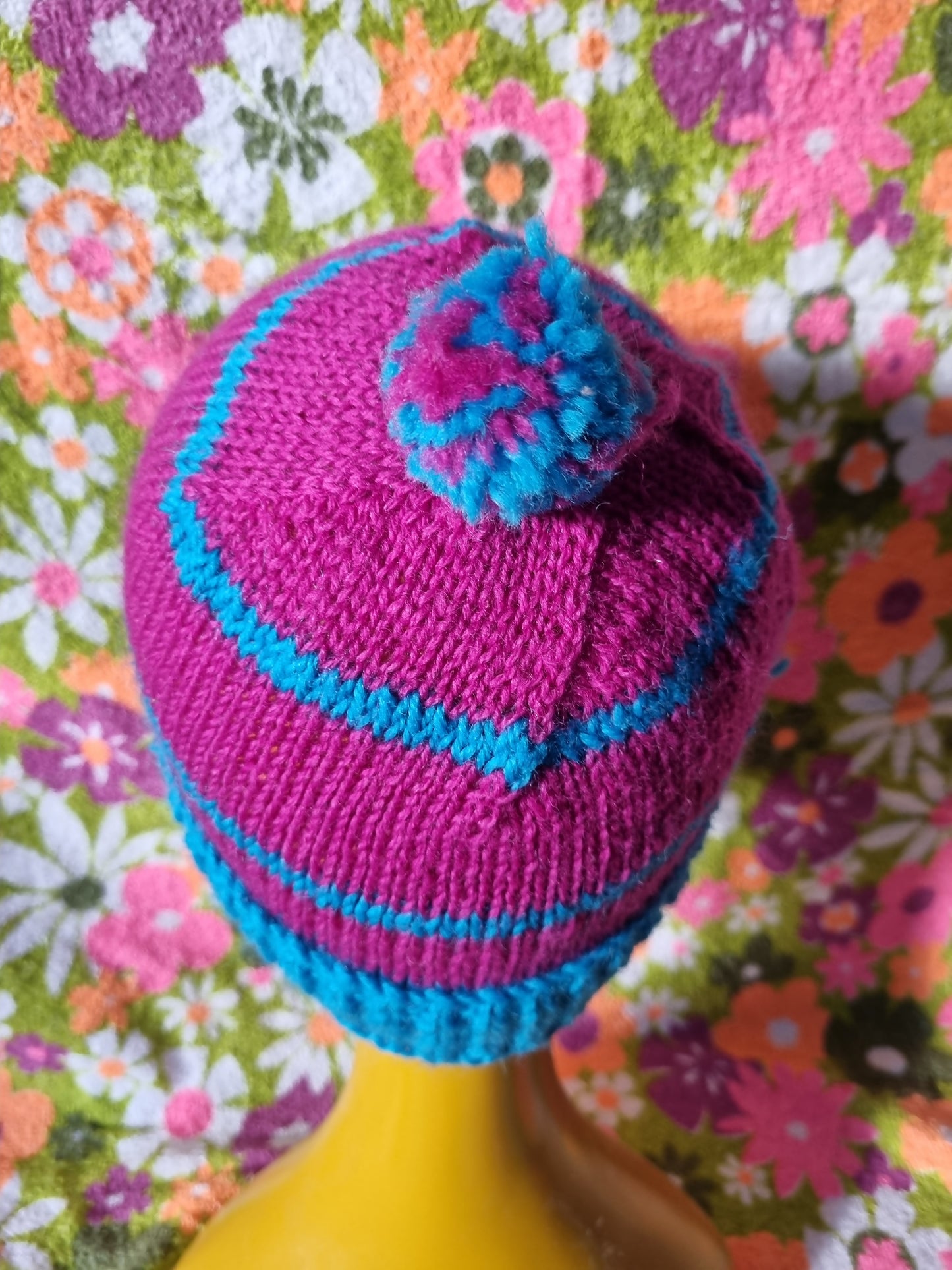 Handknit Beanie With Pom-Pom - Aqua Blue and Magenta (S-M)