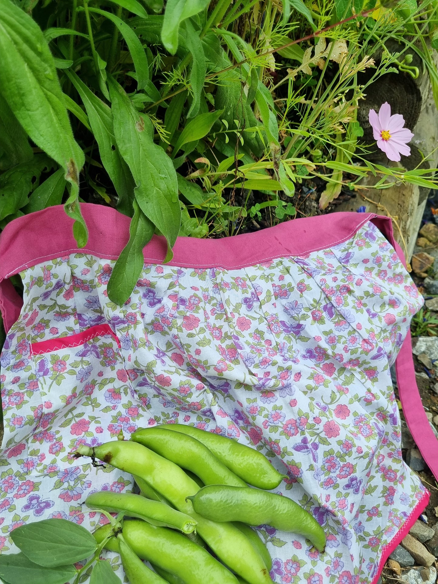 Apron Pinnie - Pink Floral with Butterflies