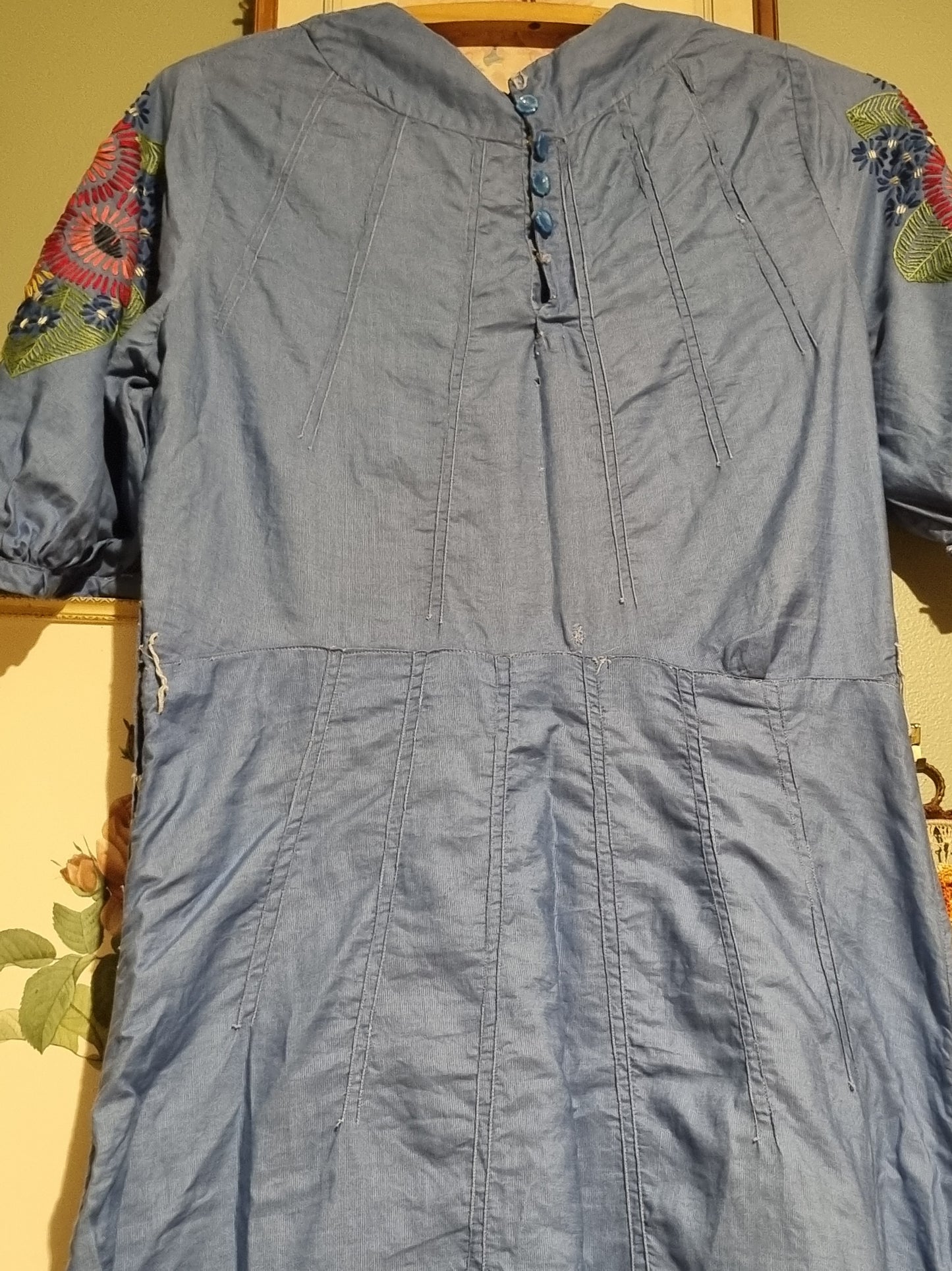 True 1930s Dress - Cornflower Blue With Floral Embroidery (M)
