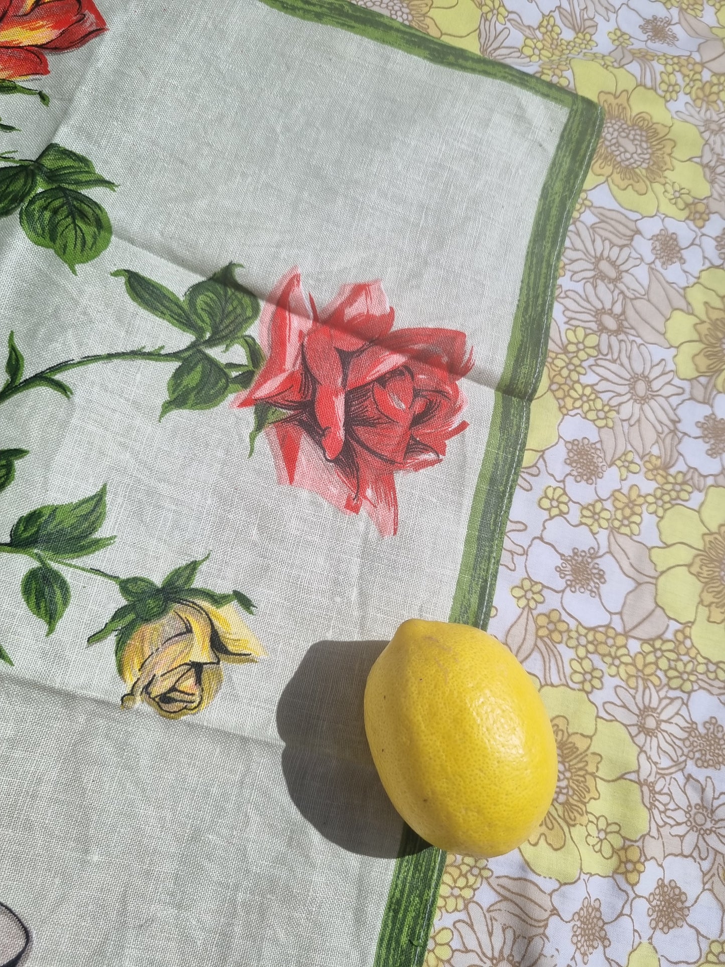 Vintage Linen Tea Towel - Champagne and Roses