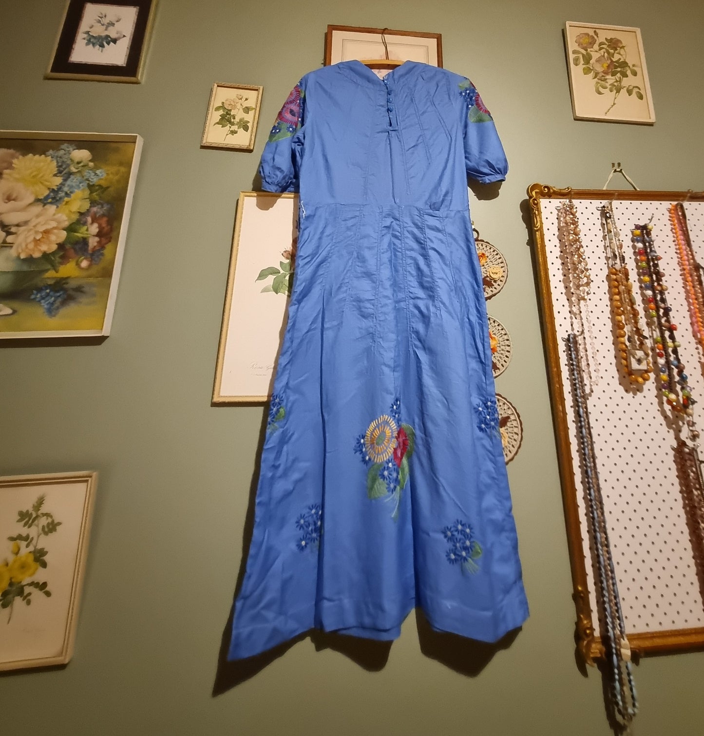 True 1930s Dress - Cornflower Blue With Floral Embroidery (M)