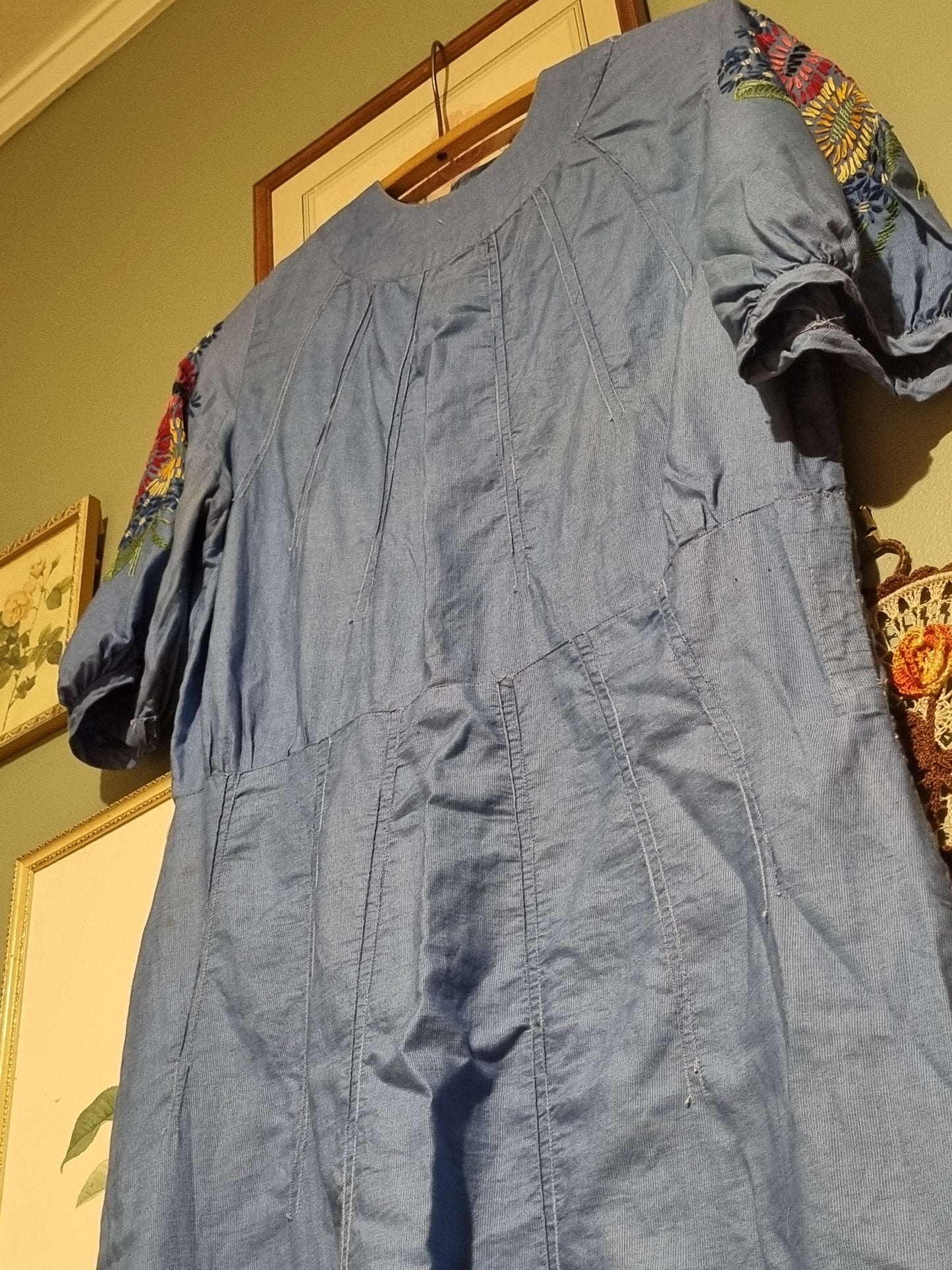 True 1930s Dress - Cornflower Blue With Floral Embroidery (M)