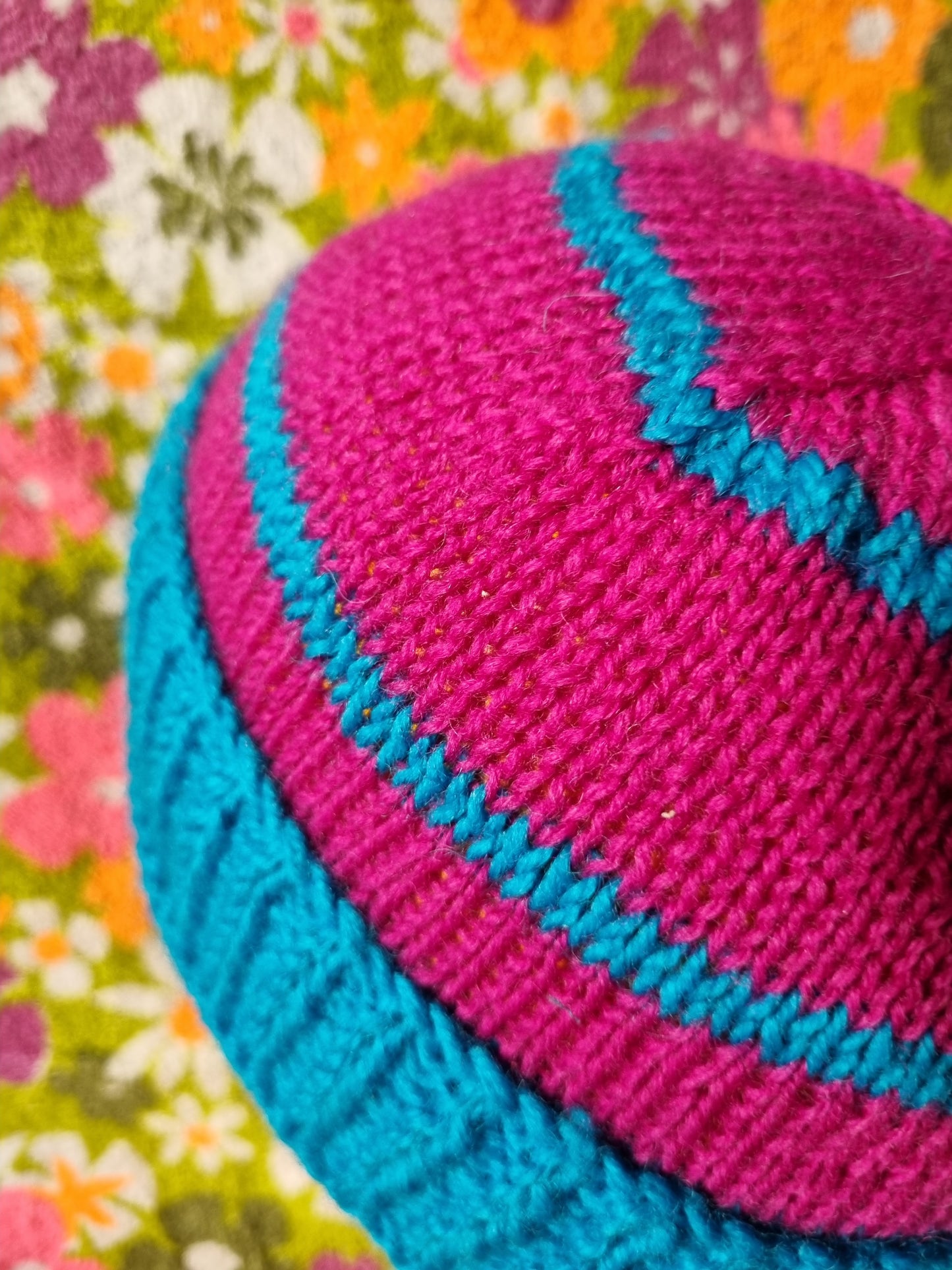 Handknit Beanie With Pom-Pom - Aqua Blue and Magenta (S-M)