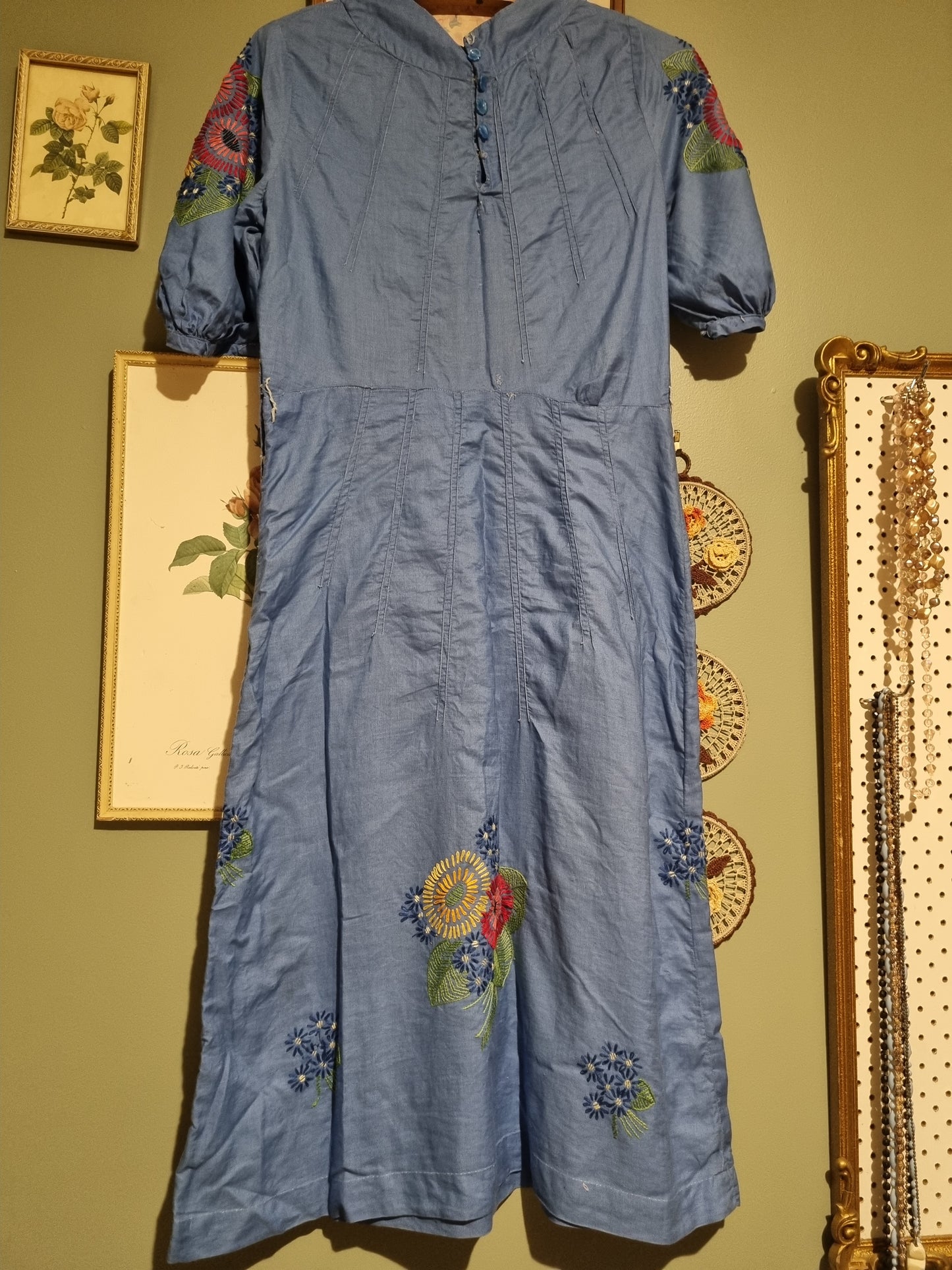 True 1930s Dress - Cornflower Blue With Floral Embroidery (M)