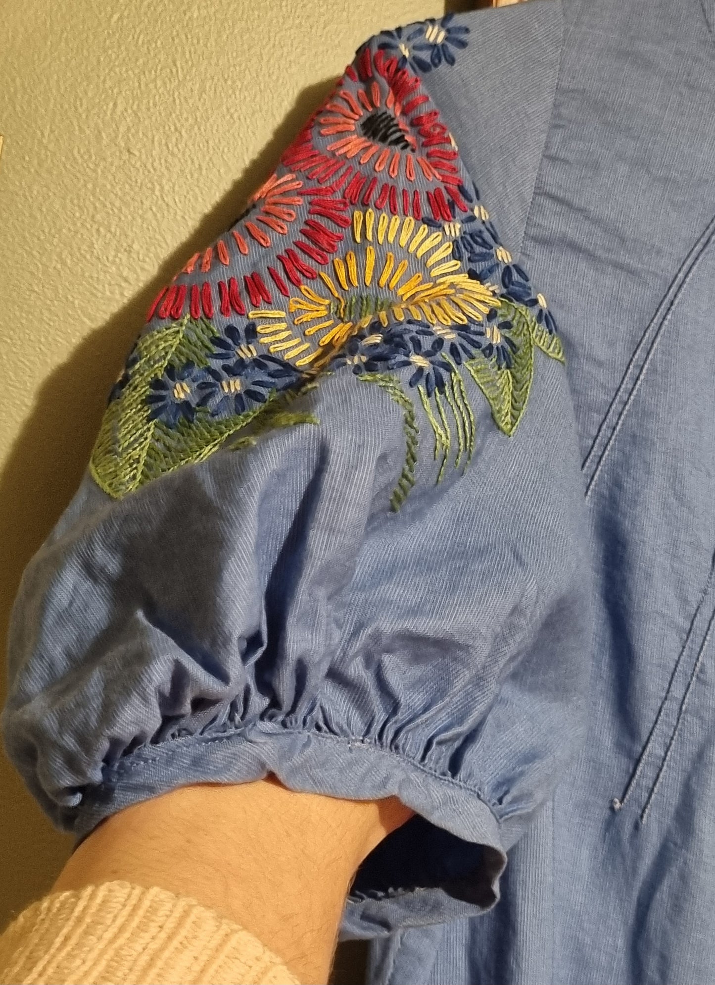 True 1930s Dress - Cornflower Blue With Floral Embroidery (M)