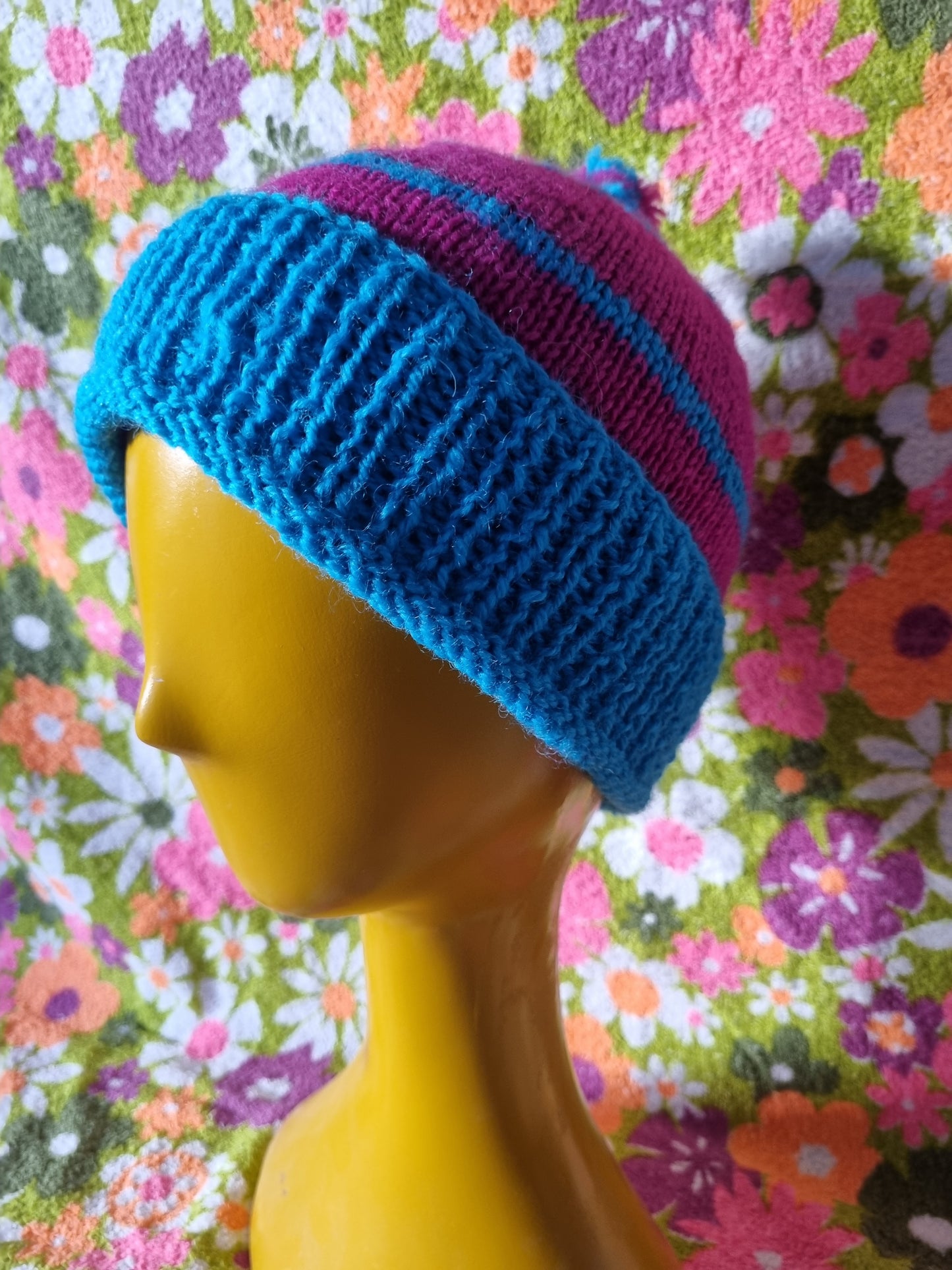 Handknit Beanie With Pom-Pom - Aqua Blue and Magenta (S-M)