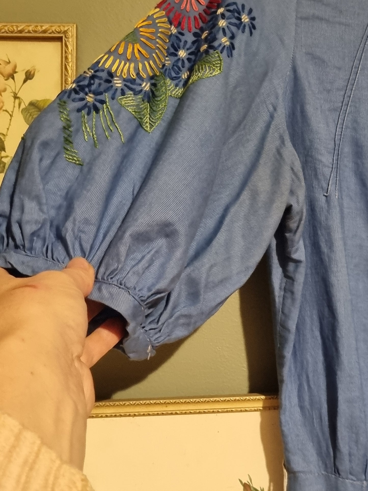 True 1930s Dress - Cornflower Blue With Floral Embroidery (M)
