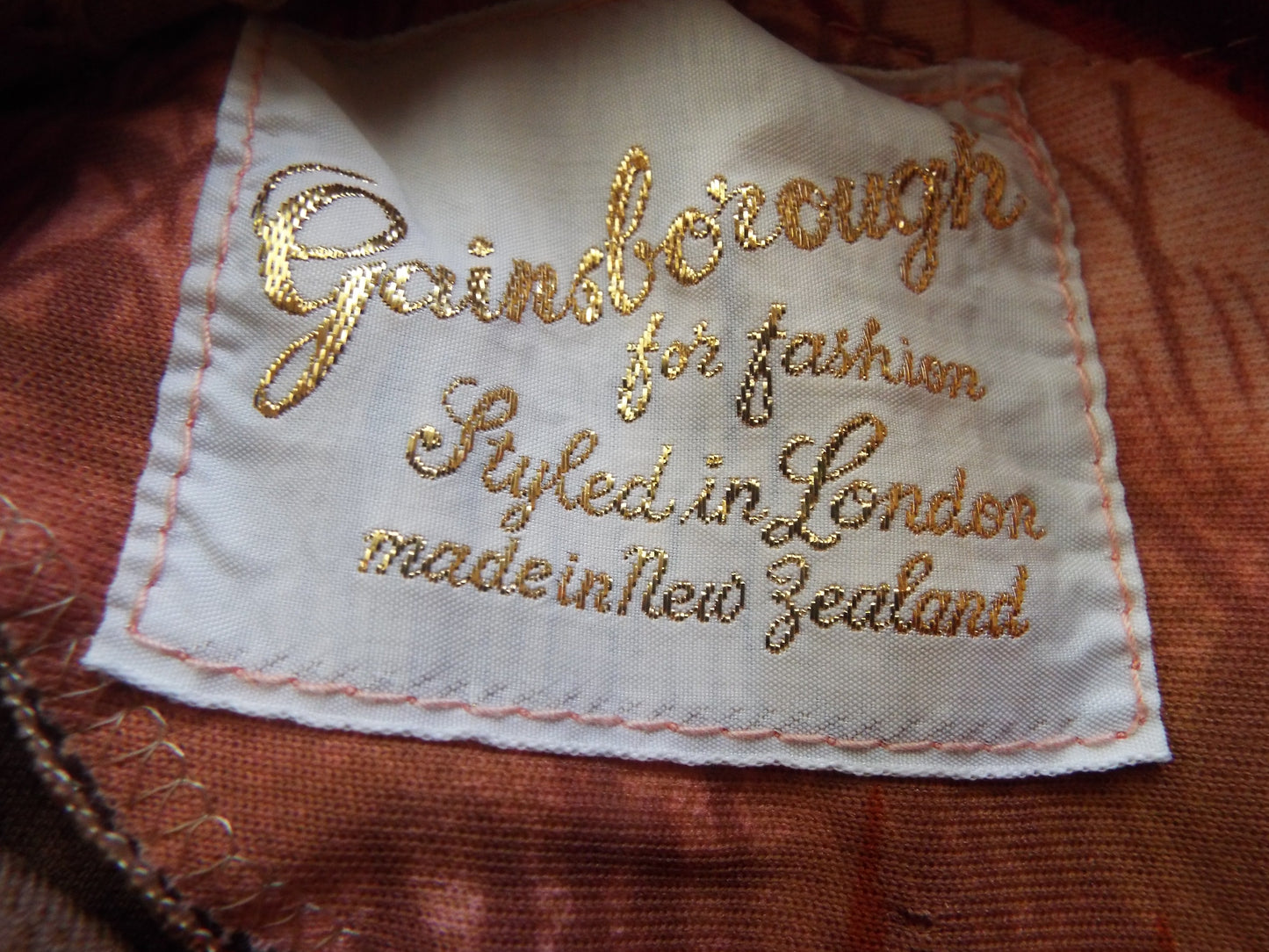 Close-up of Gainborough for Fashion label on inside of 1970s Maxi Dress with Ducks (S-M).