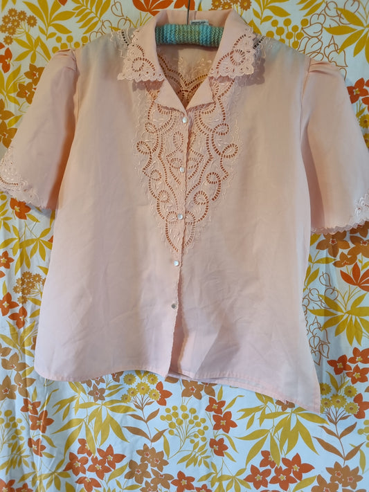 Vintage Blouse - Pale Pink With Embroidered Details (12-14)