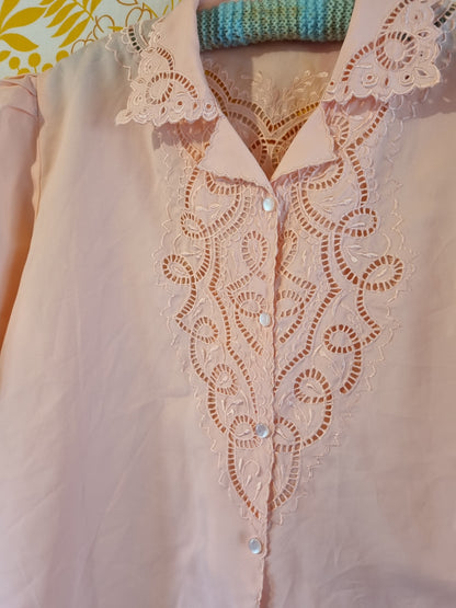 Vintage Blouse - Pale Pink With Embroidered Details (12-14)