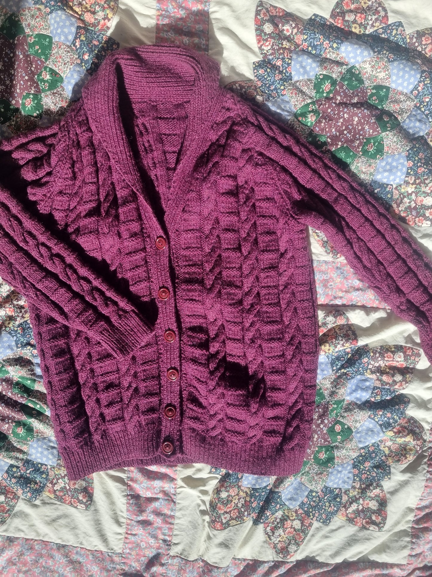 Handknit Wool Cardigan (Cableknit) - Plum (M)