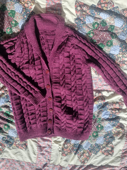 Handknit Wool Cardigan (Cableknit) - Plum (M)
