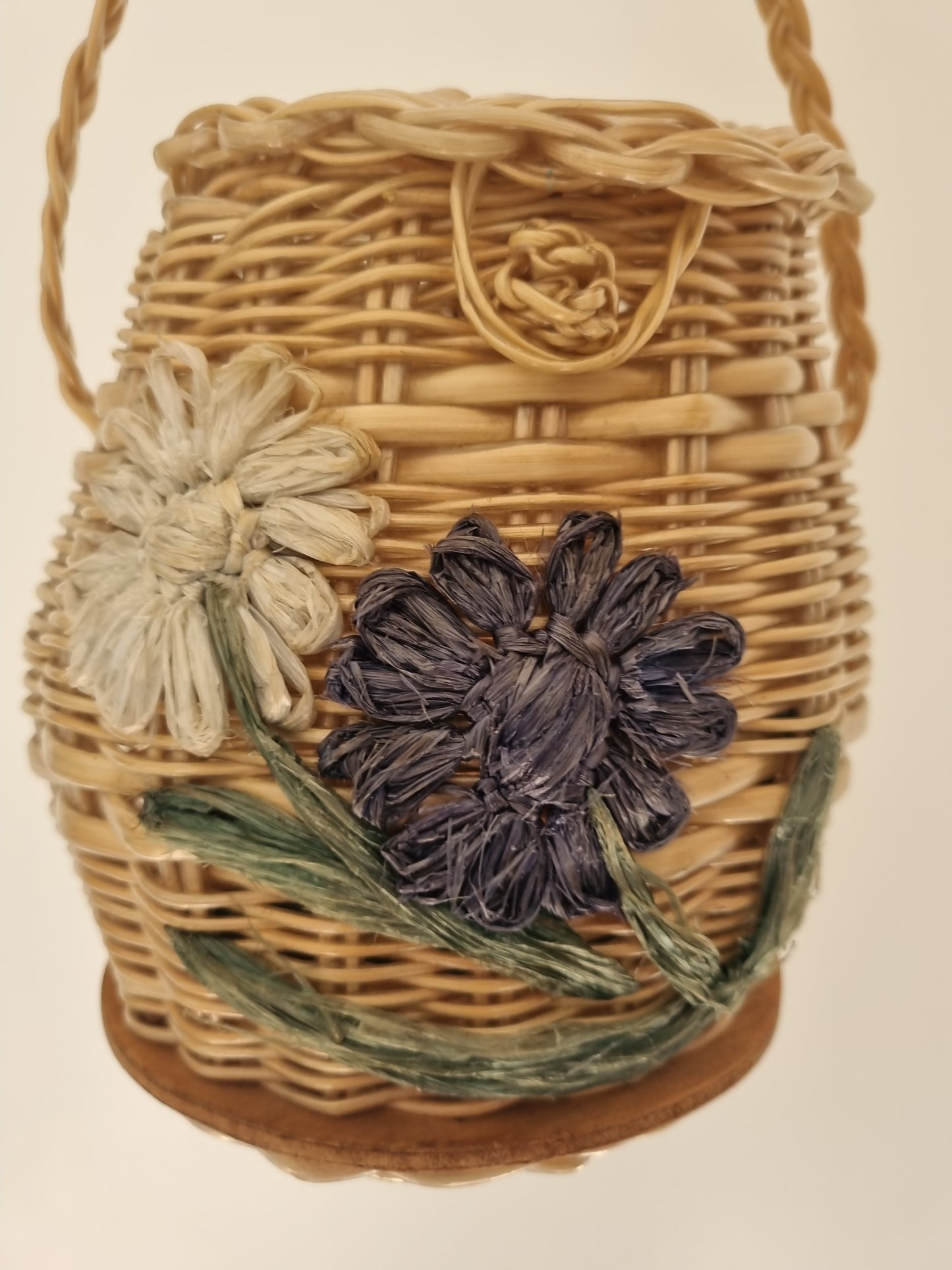 Vintage Cane Basket Handbag - Raffia Flowers