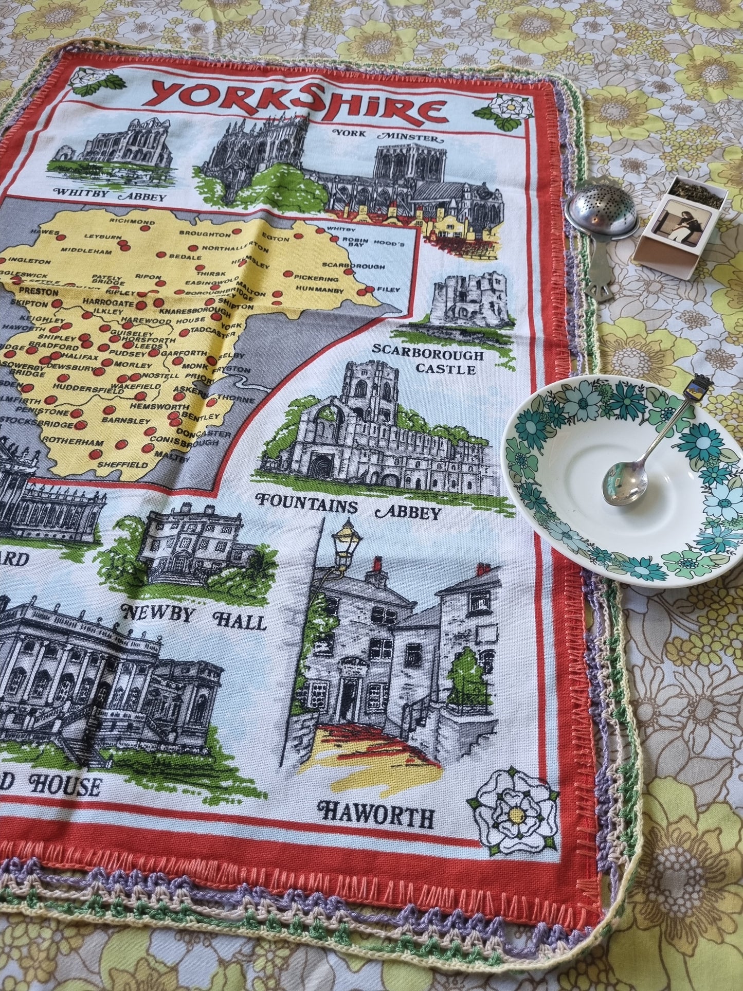 Souvenir Tea towel- Yorkshire - With Crochet Edging