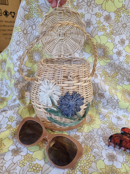 Vintage Cane Basket Handbag - Raffia Flowers