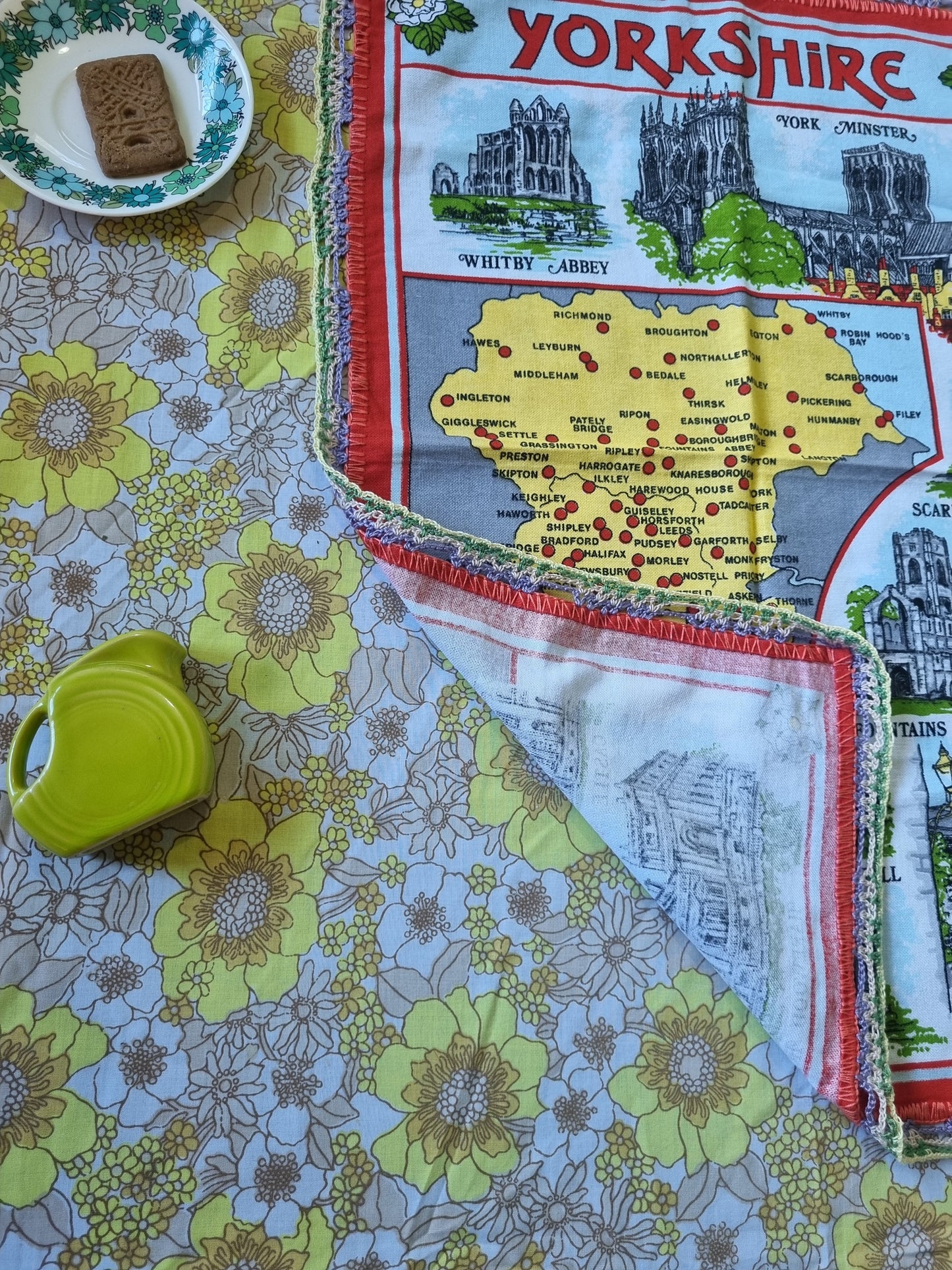 Souvenir Tea towel- Yorkshire - With Crochet Edging