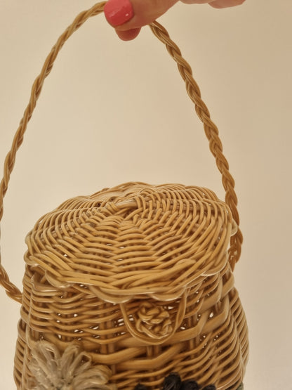 Vintage Cane Basket Handbag - Raffia Flowers