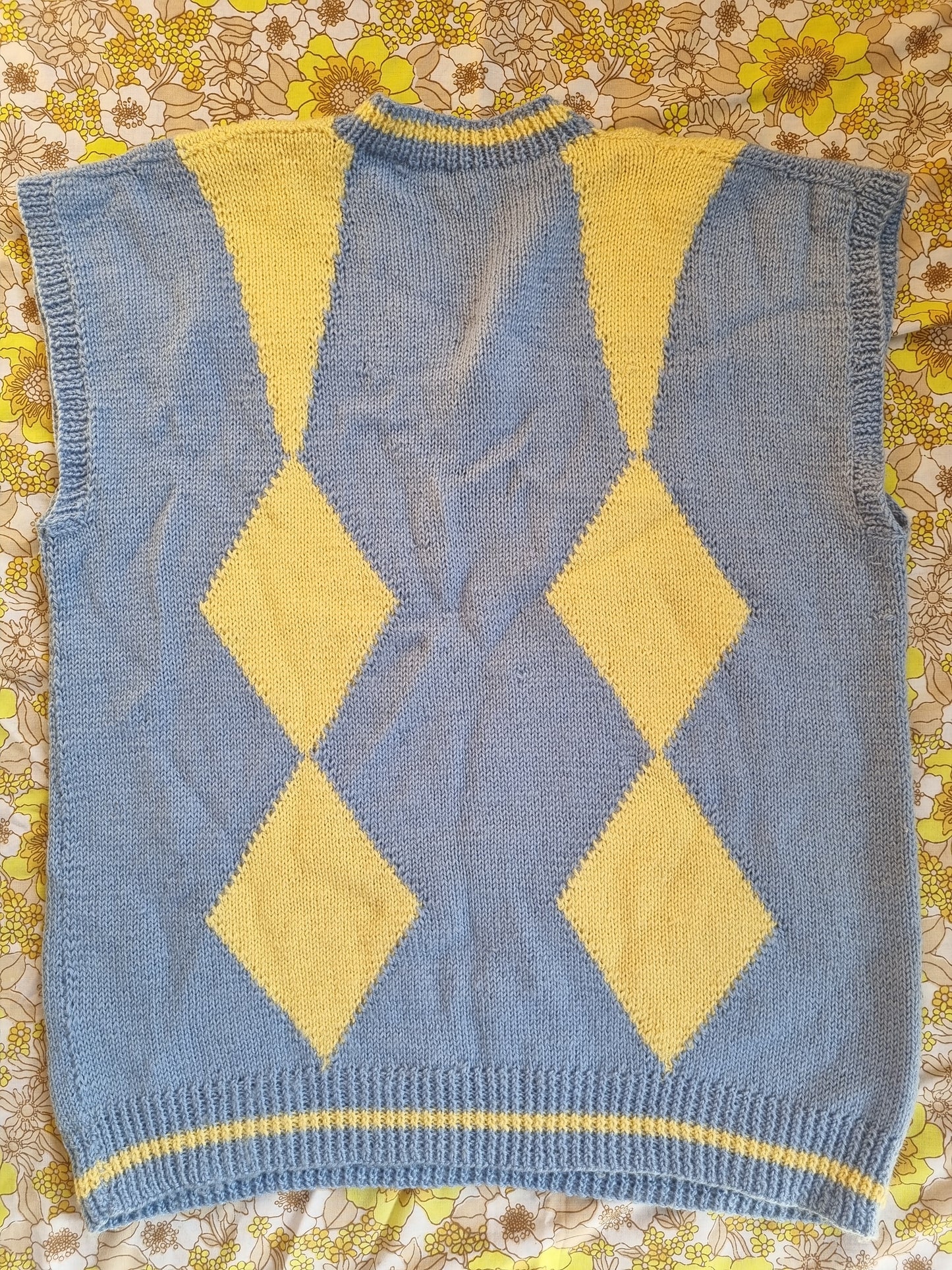 Handknit Wool Vest - Yellow Diamonds (XL)