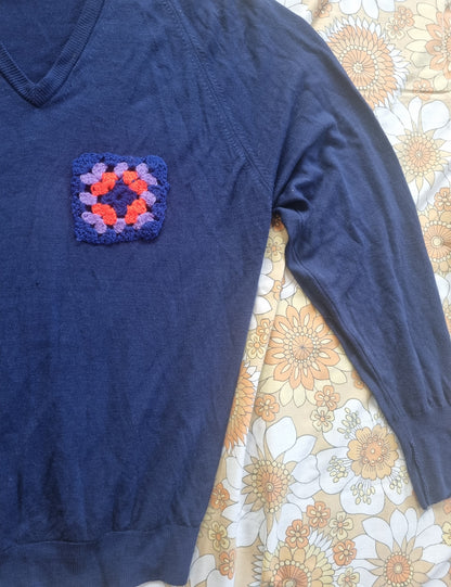Visible Mending V-Neck Jersey With Granny Square Patch