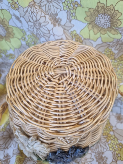 Vintage Cane Basket Handbag - Raffia Flowers
