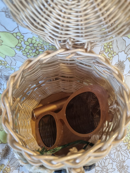 Vintage Cane Basket Handbag - Raffia Flowers