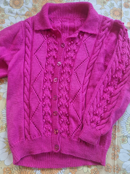 Handknit Wool Cardigan - Hot Pink (12-14)