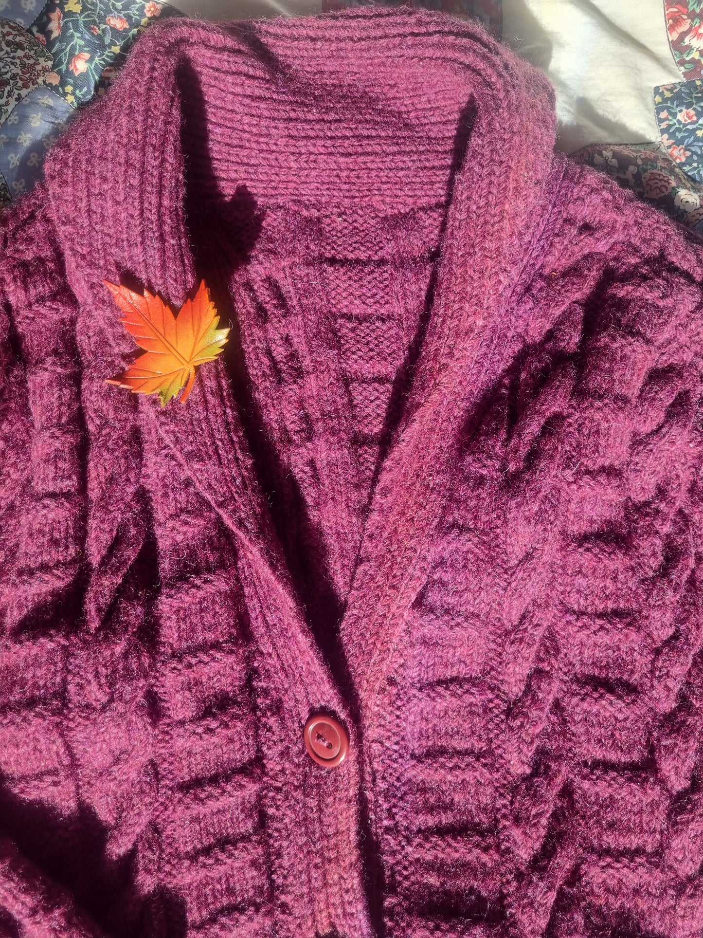 Handknit Wool Cardigan (Cableknit) - Plum (M)