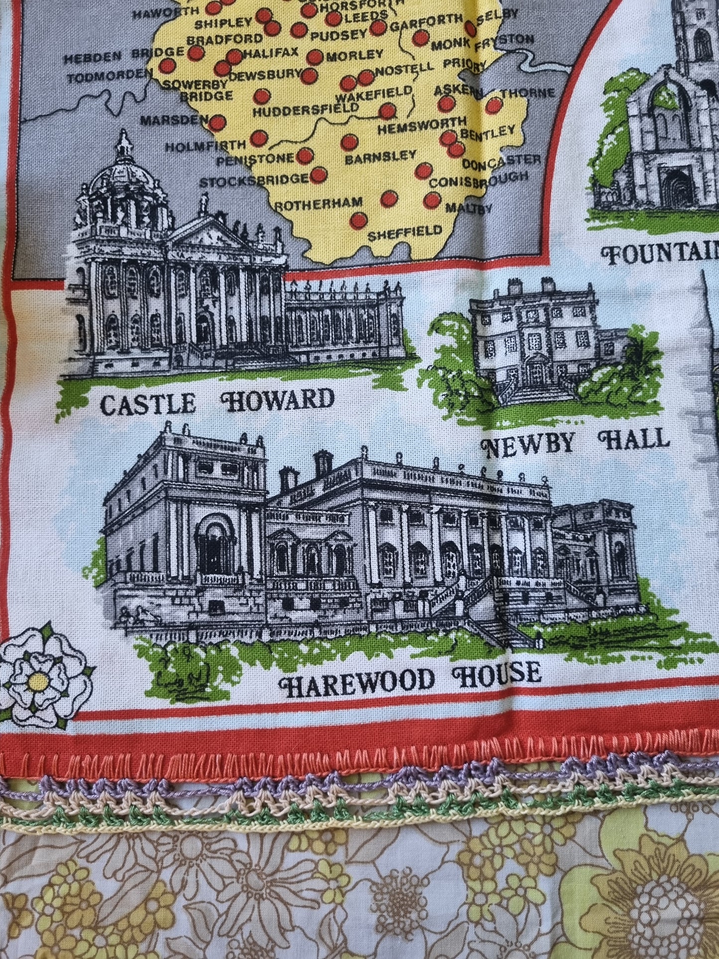Souvenir Tea towel- Yorkshire - With Crochet Edging