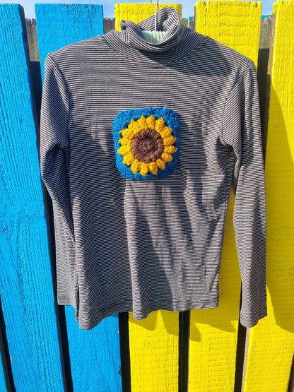 Upcycled Skivvy - Crochet Sunflower (S)