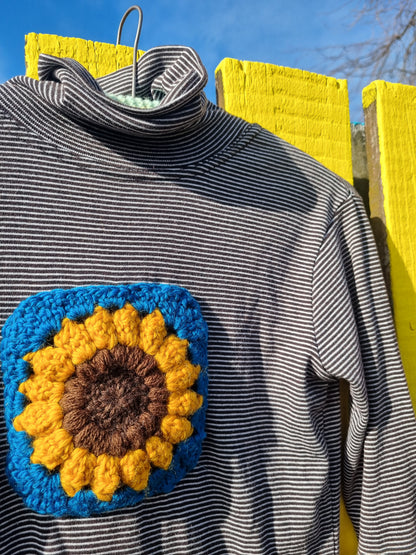 Upcycled Skivvy - Crochet Sunflower (S)