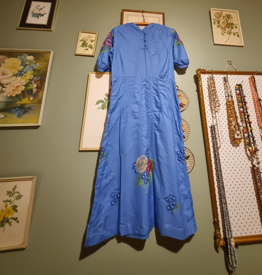 True 1930s Dress - Cornflower Blue With Floral Embroidery (M)