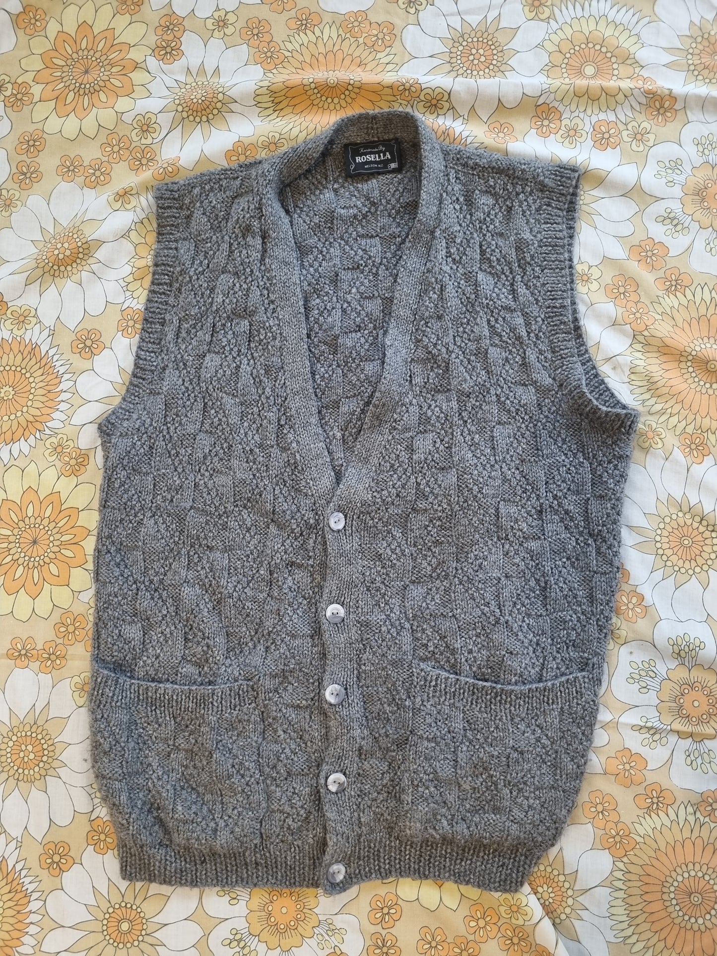 Handknit Button Vest - Grey (Size Large)
