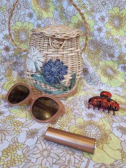 Vintage Cane Basket Handbag - Raffia Flowers