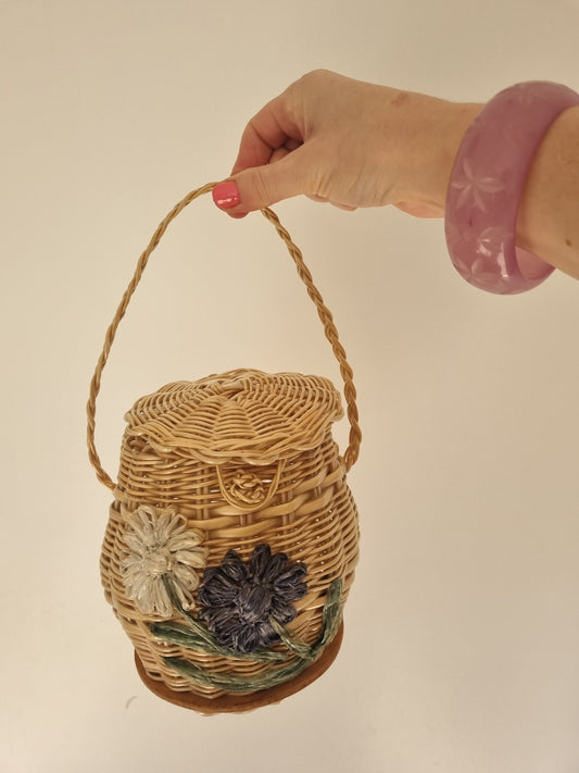 Vintage Cane Basket Handbag - Raffia Flowers