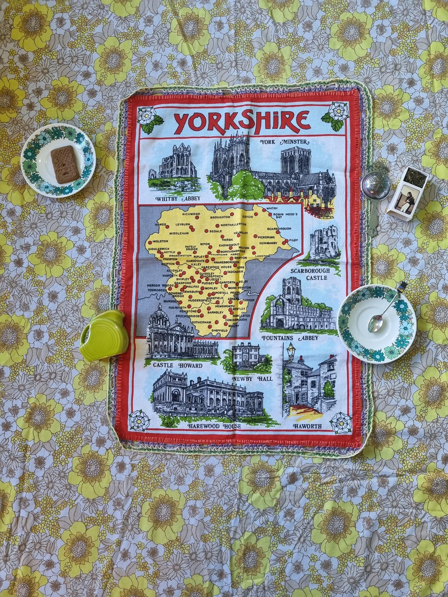 Souvenir Tea towel- Yorkshire - With Crochet Edging