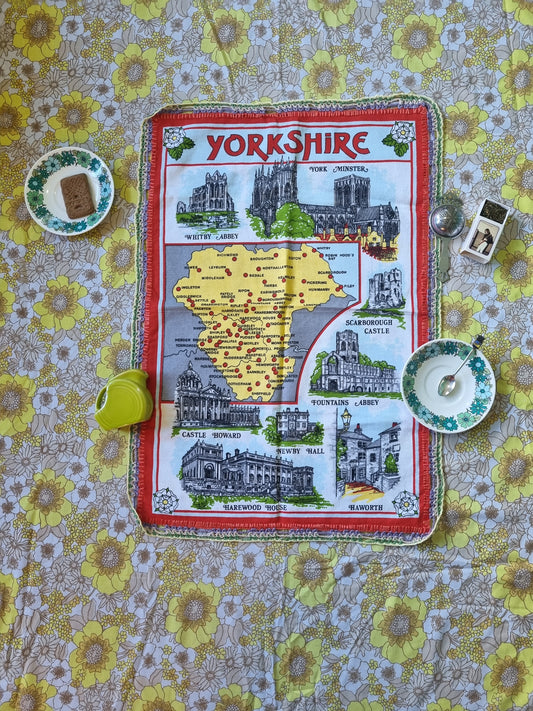 Souvenir Tea towel- Yorkshire - With Crochet Edging