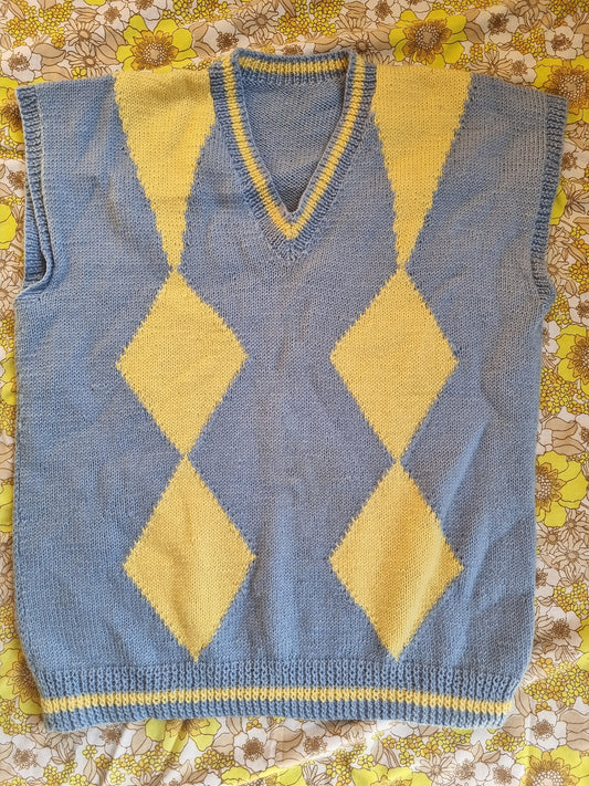 Handknit Wool Vest - Yellow Diamonds (XL)