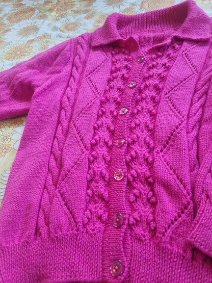 Handknit Wool Cardigan - Hot Pink (12-14)