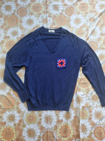 Visible Mending V-Neck Jersey With Granny Square Patch