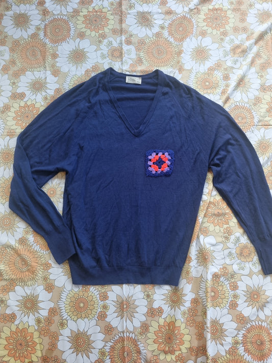 Visible Mending V-Neck Jersey With Granny Square Patch